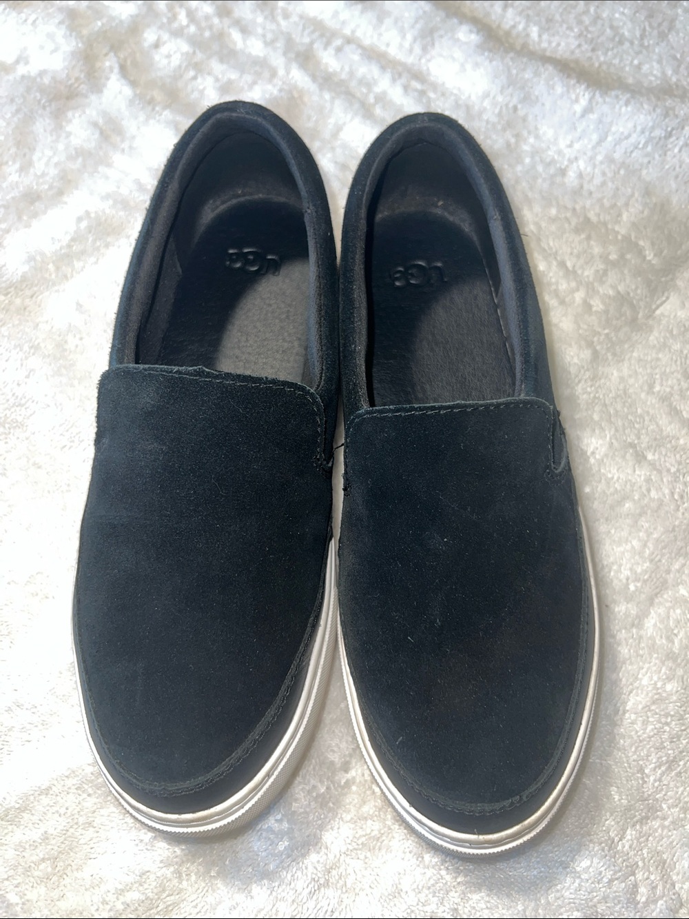 UGG Women’s Black Suede Slip-On Loafers with White Sole
